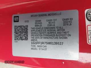 2021 Chevrolet Camaro 1SS with VIN 1G1FF1R75M0139537, listed as a IAAI auction lot 42056795 with Not Provided miles and . Bid and sale history available at DreamBid. Image 9.