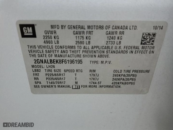 2015 Chevrolet Equinox LT with VIN 2GNALBEK8F6196195, listed as a Copart auction lot 52871065 with 227,050 mi miles and Clean Title. Bid and sale history available at carsss.com. Image 13.