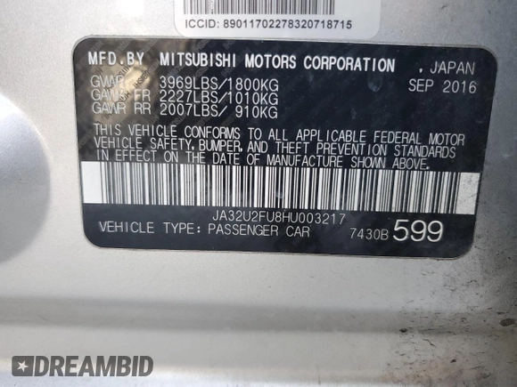 2017 Mitsubishi Lancer ES with VIN JA32U2FU8HU003217, listed as a Copart auction lot 53951075 with 138,967 mi miles and Clean Title. Bid and sale history available at DreamBid. Image 12.