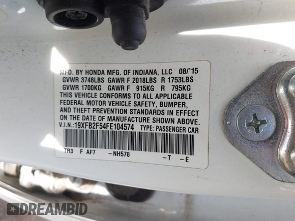 2015 Honda Civic LX with VIN 19XFB2F54FE104574, listed as a IAAI auction lot 42096001 with 122,094 mi miles and . Bid and sale history available at DreamBid. Image 9.
