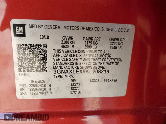 2019 Chevrolet Equinox LT with VIN 3GNAXLEX9KL208219, listed as a Copart auction lot 54433745 with 37,994 mi miles and Salvage Title. Bid and sale history available at DreamBid. Image 13.
