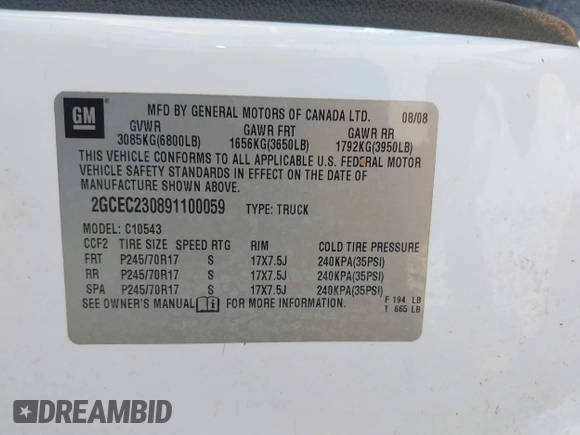 2009 Chevrolet Silverado 1500 LT with VIN 2GCEC230891100059, listed as a IAAI auction lot 40205156 with 96,546 mi miles. Bid and sale history available at carsss.com. Image 9.