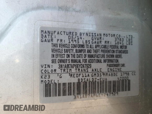 2014 Nissan Sentra SV with VIN 3N1AB7AP6EY247929, listed as a Copart auction lot 52724835 with 190,155 mi miles and Salvage Title. Bid and sale history available at DreamBid. Image 12.