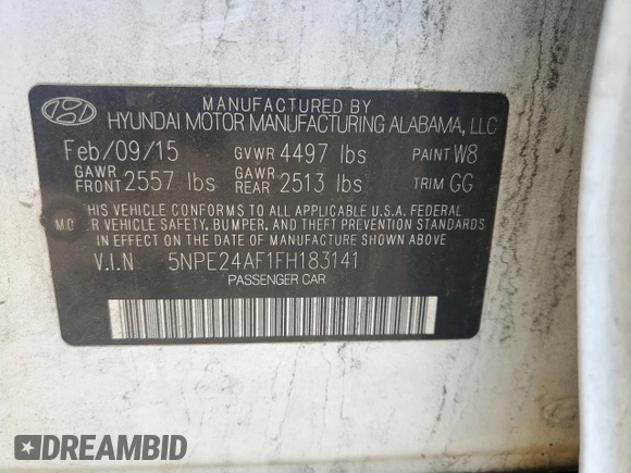 2015 Hyundai Sonata 2.4L SE with VIN 5NPE24AF1FH183141, listed as a Copart auction lot 54009325 with 208,047 mi miles and Salvage Title. Bid and sale history available at carsss.com. Image 12.