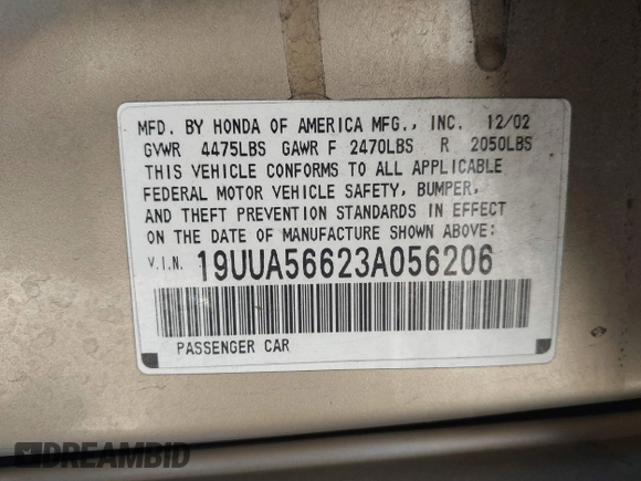 2003 Acura TL with VIN 19UUA56623A056206, listed as a IAAI auction lot 41831023 with 133,515 mi miles. Bid and sale history available at carsss.com. Image 9.