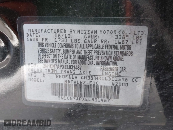 2014 Nissan Versa SV with VIN 3N1CN7APXEL831487, listed as a IAAI auction lot 41916327 with 130,304 mi miles. Bid and sale history available at carsss.com. Image 9.