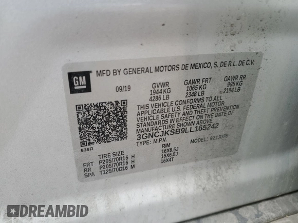 2020 Chevrolet Trax LS z VIN 3GNCJKSB9LL165242, wystawiony jako Copart lot #59348515 z przebiegiem 98 440 mil mil oraz Nie do naprawy • Non repairable. Historia ofert i sprzedaży dostępna na DreamBid. Obrazek 13.