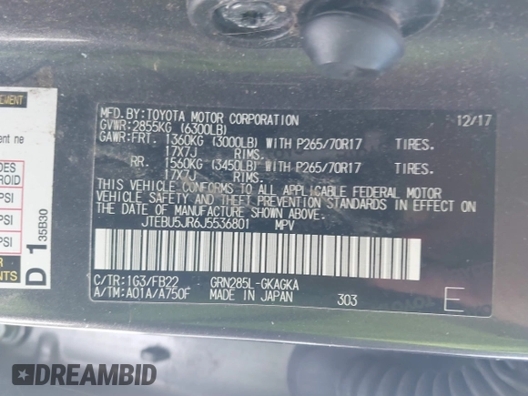 2018 Toyota 4Runner SR5 with VIN JTEBU5JR6J5536801, listed as a IAAI auction lot 41674894 with 136,859 mi miles and . Bid and sale history available at DreamBid. Image 9.
