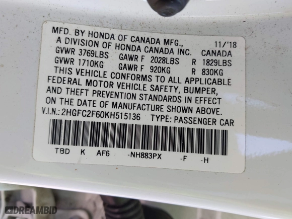 2019 Honda Civic Sedan LX with VIN 2HGFC2F60KH515136, listed as a IAAI auction lot 41794716 with 57,747 mi miles. Bid and sale history available at carsss.com. Image 9.