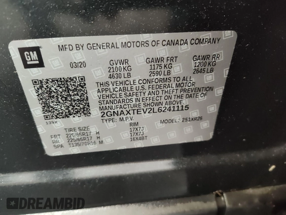 2020 Chevrolet Equinox LT with VIN 2GNAXTEV2L6241115, listed as a IAAI auction lot 42154310 with 77,725 mi miles. Bid and sale history available at carsss.com. Image 1.