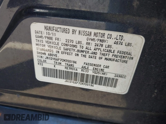 2012 Infiniti G25 Journey z VIN JN1DV6AP7CM700194, wystawiony jako IAAI lot #41950402 z przebiegiem 295 457 mil mil oraz . Historia ofert i sprzedaży dostępna na DreamBid. Obrazek 9.