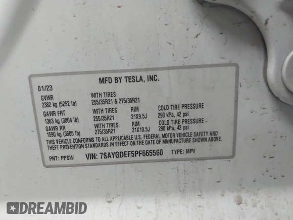 2023 Tesla Model Y Performance with VIN 7SAYGDEF5PF665560, listed as a IAAI auction lot 41809349 with Not Provided miles and . Bid and sale history available at DreamBid. Image 9.