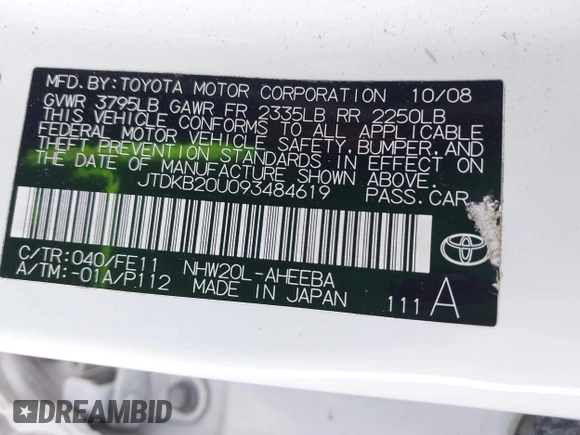 2009 Toyota Prius with VIN JTDKB20U093484619, listed as a IAAI auction lot 42110058 with 223,010 mi miles. Bid and sale history available at carsss.com. Image 9.