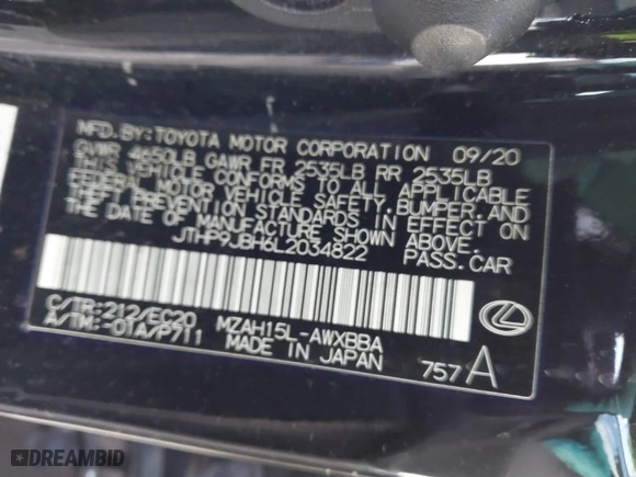 2020 Lexus UX with VIN JTHP9JBH6L2034822, listed as a IAAI auction lot 41512779 with 35,762 mi miles. Bid and sale history available at carsss.com. Image 9.