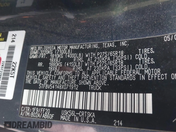 2008 Toyota Tundra z VIN 5TFBV54148X071912, wystawiony jako IAAI lot #42209379 z przebiegiem 261 492 mil mil oraz . Historia ofert i sprzedaży dostępna na DreamBid. Obrazek 9.