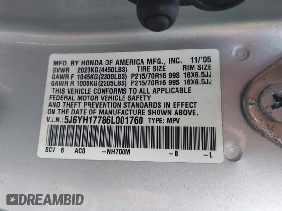 2006 Honda Element with VIN 5J6YH17786L001760, listed as a IAAI auction lot 41766848 with 162,919 mi miles and . Bid and sale history available at DreamBid. Image 9.