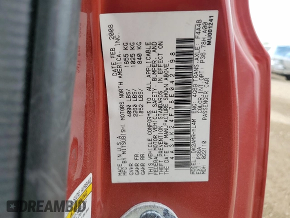 2008 Mitsubishi Eclipse GS with VIN 4A3AK24F78E042198, listed as a Copart auction lot 53043564 with 105,025 mi miles and Salvage Title. Bid and sale history available at carsss.com. Image 13.