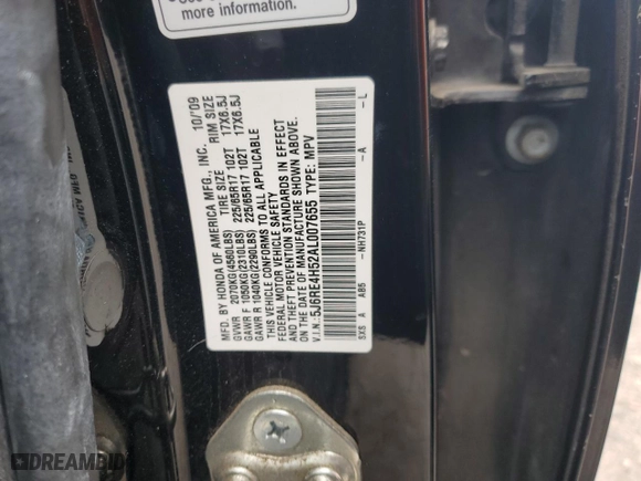 2010 Honda CR-V EX with VIN 5J6RE4H52AL007655, listed as a Copart auction lot 53247605 with 170,565 mi miles and Salvage Title. Bid and sale history available at carsss.com. Image 15.