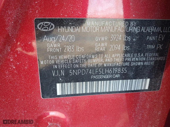 2020 Hyundai Elantra SE with VIN 5NPD74LF5LH619835, listed as a IAAI auction lot 41620772 with 39,744 mi miles. Bid and sale history available at carsss.com. Image 9.