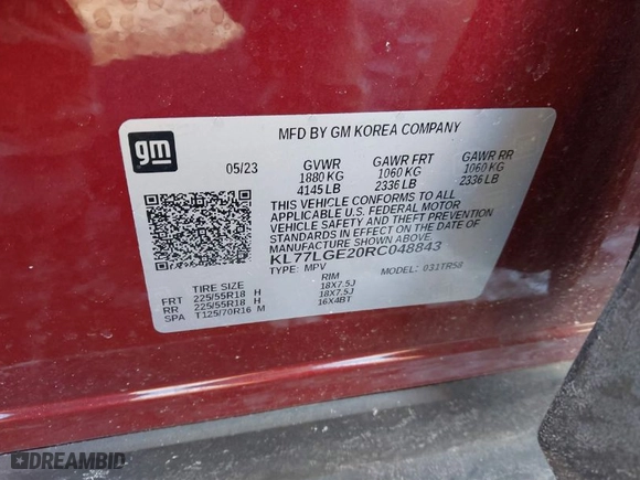 2024 Chevrolet Trax 1RS with VIN KL77LGE20RC048843, listed as a IAAI auction lot 41429625 with 44,270 mi miles. Bid and sale history available at carsss.com. Image 9.