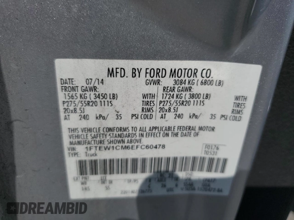 2014 Ford F-150 XL with VIN 1FTEW1CM6EFC60478, listed as a Copart auction lot 58873165 with 126,414 mi miles and Salvage title. Bid and sale history available at DreamBid. Image 12.