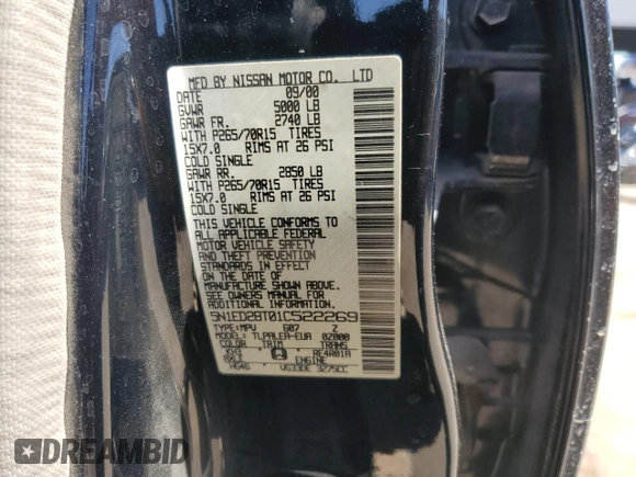 2001 Nissan Xterra XE with VIN 5N1ED28T01C522269, listed as a Copart auction lot 56997515 with 103,800 mi miles and Salvage title. Bid and sale history available at DreamBid. Image 13.