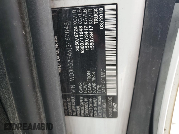 2018 Mercedes-Benz Metris Cargo with VIN WD3PG2EA6J3457848, listed as a Copart auction lot 50320855 with 187,924 mi miles and Clean Title. Bid and sale history available at carsss.com. Image 13.