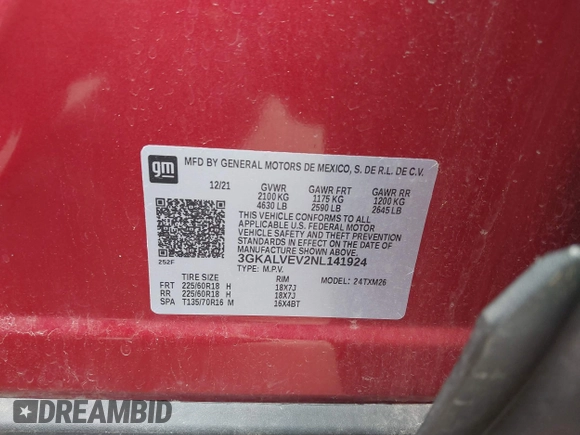 2022 GMC Terrain SLT with VIN 3GKALVEV2NL141924, listed as a IAAI auction lot 41957323 with 52,341 mi miles and . Bid and sale history available at DreamBid. Image 9.