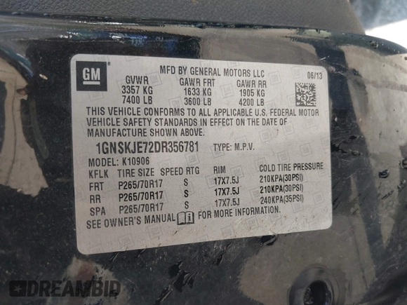 2013 Chevrolet Suburban LT с VIN 1GNSKJE72DR356781, выставлен на аукционе IAAI как лот 41908071 с пробегом 258 688 миль миль и . История ставок и продаж доступна на DreamBid. Изображение 9.