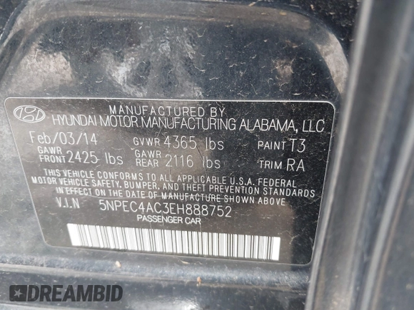 2014 Hyundai Sonata SE with VIN 5NPEC4AC3EH888752, listed as a IAAI auction lot 42106675 with 168,258 mi miles and . Bid and sale history available at DreamBid. Image 9.