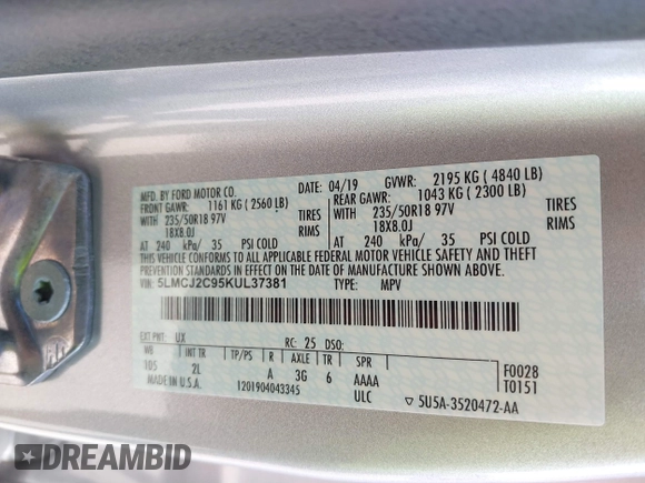 2019 Lincoln MKC Select with VIN 5LMCJ2C95KUL37381, listed as a IAAI auction lot 41892516 with 25,336 mi miles. Bid and sale history available at carsss.com. Image 9.