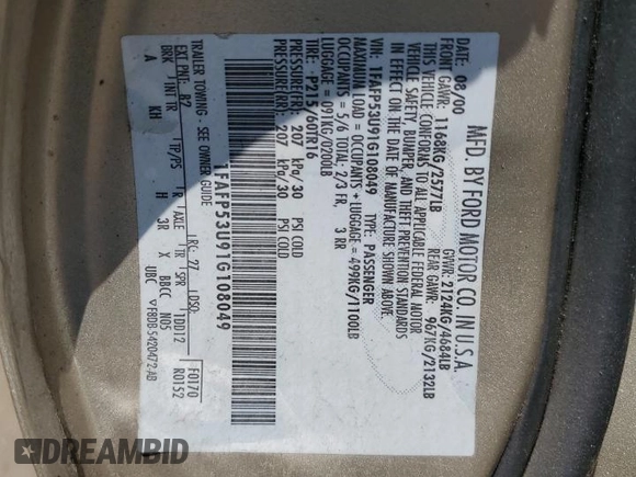 2001 Ford Taurus SE with VIN 1FAFP53U91G108049, listed as a Copart auction lot 55464715 with 85,748 mi miles and Salvage title. Bid and sale history available at DreamBid. Image 12.