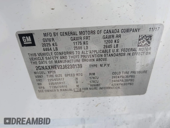 2018 Chevrolet Equinox LS with VIN 2GNAXHEV2J6230139, listed as a IAAI auction lot 42175875 with 124,173 mi miles and . Bid and sale history available at DreamBid. Image 9.