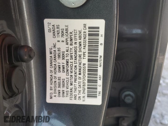 2012 Honda Civic LX with VIN 2HGFB2F57CH555578, listed as a Copart auction lot 52369765 with 196,032 mi miles and Salvage Title. Bid and sale history available at DreamBid. Image 12.
