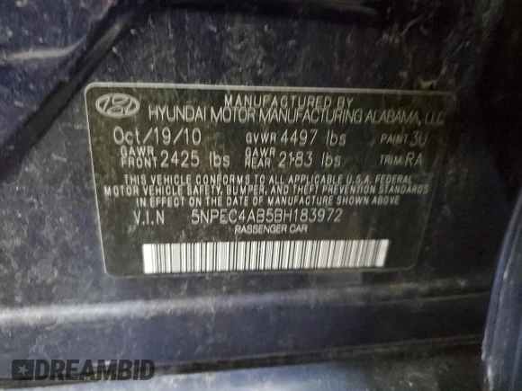 2011 Hyundai Sonata Limited with VIN 5NPEC4AB5BH183972, listed as a Copart auction lot 53787265 with 185,983 mi miles and Salvage Title. Bid and sale history available at DreamBid. Image 12.