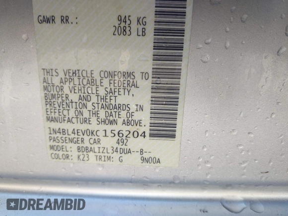 2019 Nissan Altima 2.5 SL with VIN 1N4BL4EV0KC156204, listed as a IAAI auction lot 41663798 with 131,117 mi miles. Bid and sale history available at carsss.com. Image 9.