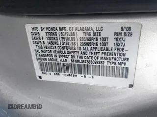 2008 Honda Odyssey EX-L with VIN 5FNRL38738B098262, listed as a IAAI auction lot 42061465 with 207,825 mi miles and . Bid and sale history available at DreamBid. Image 9.