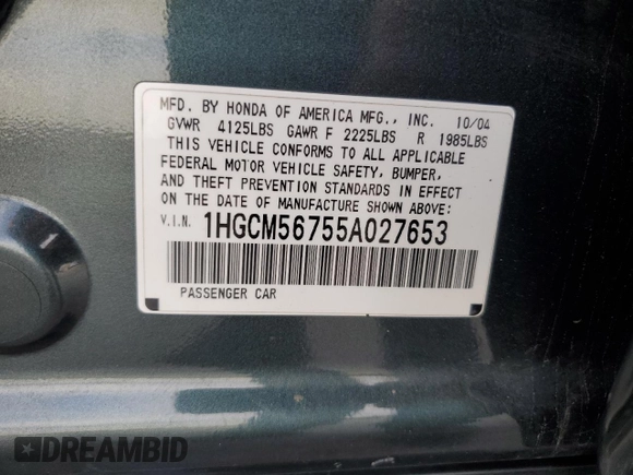 2005 Honda Accord EX with VIN 1HGCM56755A027653, listed as a Copart auction lot 51790915 with 58,935 mi miles and Salvage Title. Bid and sale history available at DreamBid. Image 13.