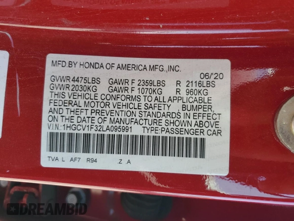 2020 Honda Accord Sport with VIN 1HGCV1F32LA095991, listed as a Copart auction lot 55431085 with 94,532 mi miles and Clean title. Bid and sale history available at DreamBid. Image 13.