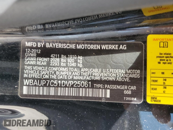 2013 BMW 1 Series 128i with VIN WBAUP7C51DVP25061, listed as a Copart auction lot 65397834 with 144,842 mi miles and Clean Title. Bid and sale history available at carsss.com. Image 12.