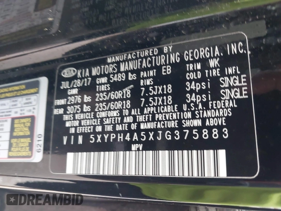 2018 Kia Sorento EX with VIN 5XYPH4A5XJG375883, listed as a IAAI auction lot 41896755 with 149,505 mi miles and . Bid and sale history available at DreamBid. Image 9.
