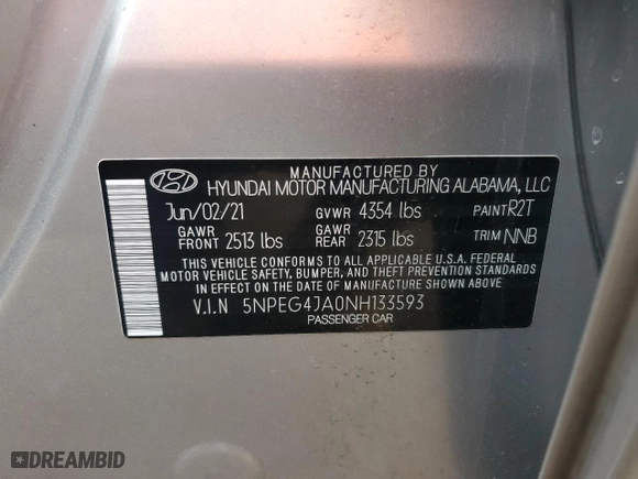 2022 Hyundai Sonata SE with VIN 5NPEG4JA0NH133593, listed as a Copart auction lot 50012055 with 40,666 mi miles and Salvage Title. Bid and sale history available at carsss.com. Image 15.