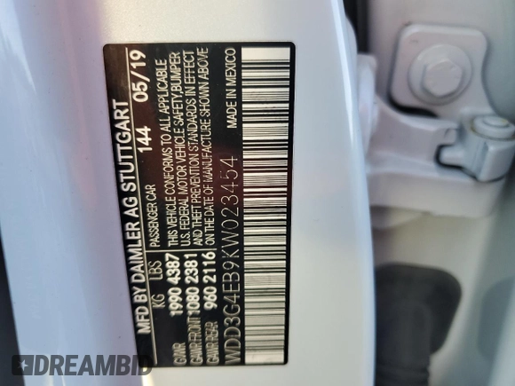 2019 Mercedes-Benz A 220 z VIN WDD3G4EB9KW023454, wystawiony jako Copart lot #50461225 z przebiegiem 26 915 mil mil oraz Nie do naprawy • Non repairable. Historia ofert i sprzedaży dostępna na DreamBid. Obrazek 14.