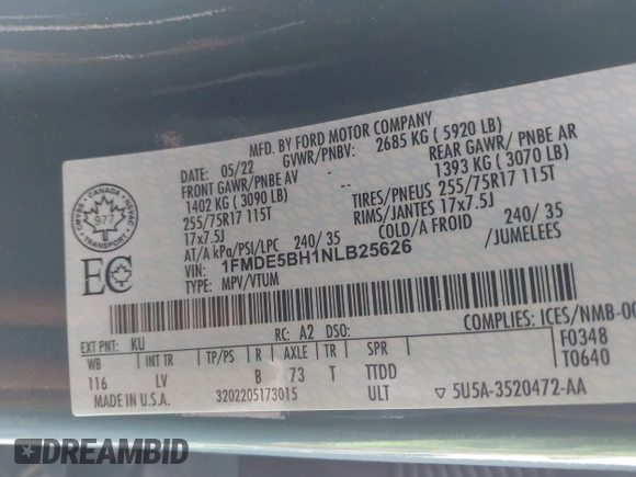 2022 Ford Bronco with VIN 1FMDE5BH1NLB25626, listed as a IAAI auction lot 41936732 with 50,963 mi miles and . Bid and sale history available at DreamBid. Image 9.