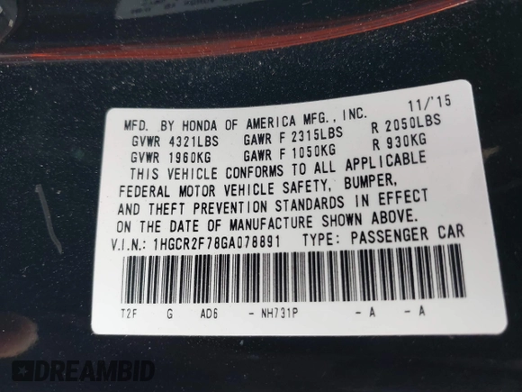 2016 Honda Accord Sedan EX with VIN 1HGCR2F78GA078891, listed as a IAAI auction lot 41795527 with 108,732 mi miles. Bid and sale history available at carsss.com. Image 9.