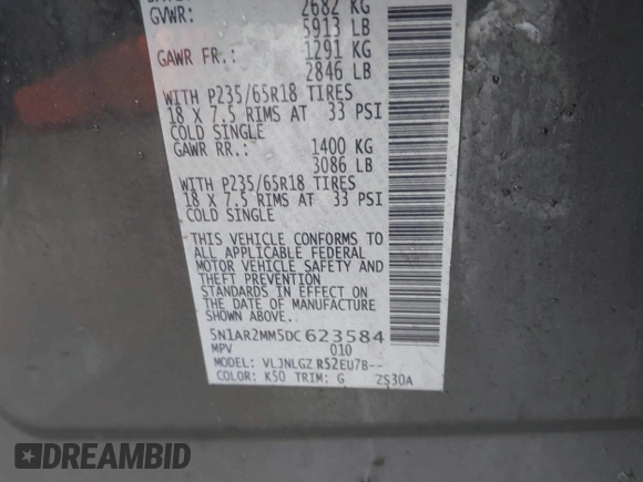 2013 Nissan Pathfinder Platinum with VIN 5N1AR2MM5DC623584, listed as a IAAI auction lot 41943609 with 192,271 mi miles and . Bid and sale history available at DreamBid. Image 9.