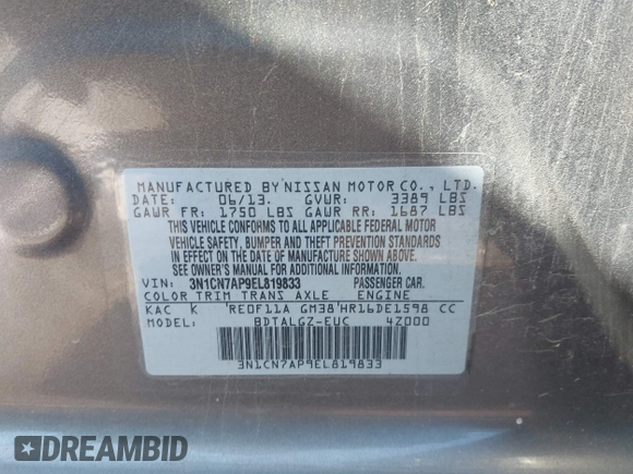 2014 Nissan Versa SV with VIN 3N1CN7AP9EL819833, listed as a IAAI auction lot 41351616 with 109,956 mi miles. Bid and sale history available at carsss.com. Image 9.