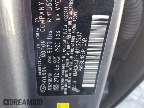 2017 Genesis G80 3.8L с VIN KMHGN4JE7HU167537, выставлен на аукционе Copart как лот 45544555 с пробегом 97 980 миль миль и Списание • Salvage title. История ставок и продаж доступна на DreamBid. Изображение 14.