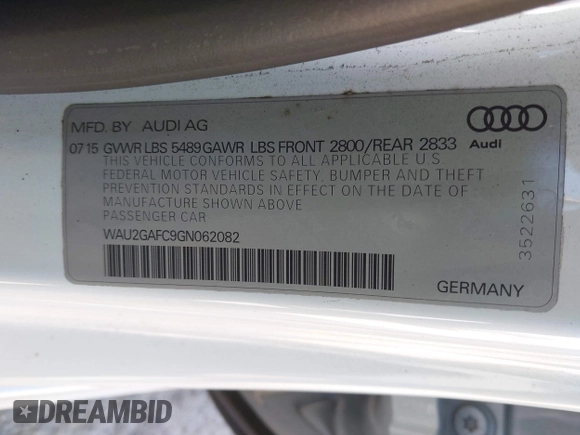 2016 Audi A7 Prestige with VIN WAU2GAFC9GN062082, listed as a IAAI auction lot 42711776 with 65,768 mi miles and . Bid and sale history available at DreamBid. Image 9.
