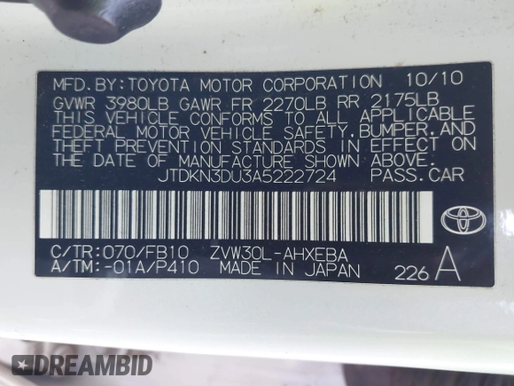 2010 Toyota Prius II with VIN JTDKN3DU3A5222724, listed as a IAAI auction lot 41505537 with 181,808 mi miles. Bid and sale history available at carsss.com. Image 9.